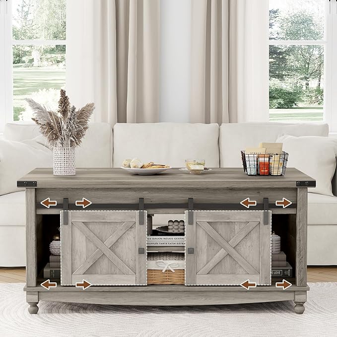 48" Farmhouse Lift Top Coffee Table with Storage Sliding Barn Door & Large Hidden Compartment, Coffee Table with Lifting Top with Wooden Lift Tabletop, Coffee Tables for Living Room, Grey