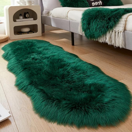 AMTOVO Faux Sheepskin Rug, Dark Green Ultra Soft Fluffy Shag Area Rug, 2 x 6 ft Faux Fur Rug for Bedroom Sofa Throw Cushion Room Decor, Sheepskin