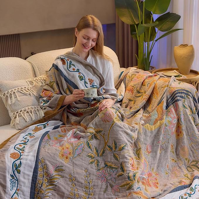 Boho Blanket, 100% Cotton Farmhouse Decorative Throw Blanket, 80"x90" Reversible Bohemian Throw Blanket, Brown All Season Muslin Breathable Woven Blankets Quilt