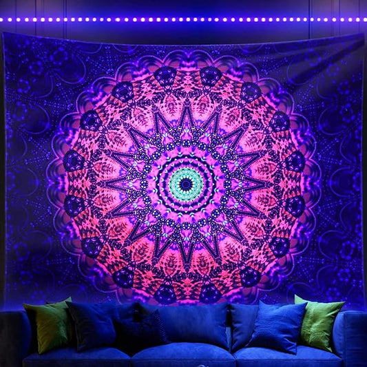 ADDWel Blacklight Mandala Boho Tapestry Glow In The Dark, Black Light Bohemian Hippie Poster Wall Hanging for Bedroom Aesthetic Wall and Room Decor (60" x 80", Mandala)