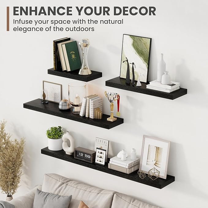 48 Inch Floating Shelves, 8 Inch Deep Floating Shelves for Wall, Hanging Shelf with Invisible Brackets, Deep Shelves for Bathroom, Bedroom, Living Room, Black, Set of 1