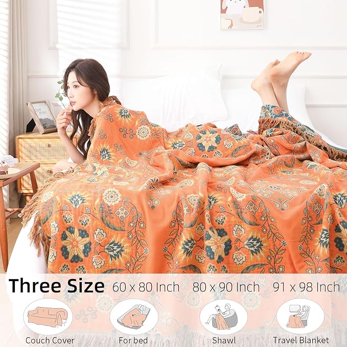 Boho Throw Blanket for Bed - 100% Pure Cotton Ultra Soft Rustic Quilt - Farmhouse Decor Bed Blankets, All Season Rustic Throw for Sofa Couch Chair(91''x 98'', Boho)