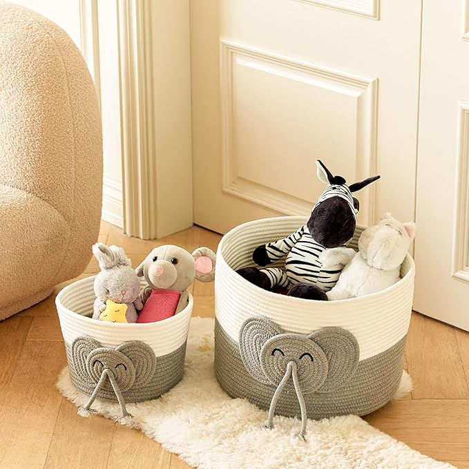 Adorable Small Elephant Cotton Rope Basket - Gift Empty Baskets - Toy Storage Basket, Woven Basket for Baby Essentials, Decorative Woven Basket for Nurseries and Playrooms (11"x7")