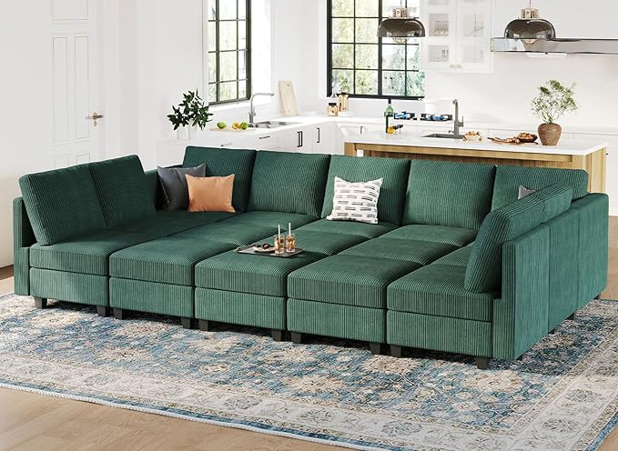Belffin Large 15 Seat Modular Sectional Sofa with Storage Seat Corduroy Sleeper Sectional Sofa Bed Oversized Convertible Modular Couch for Living Room Green