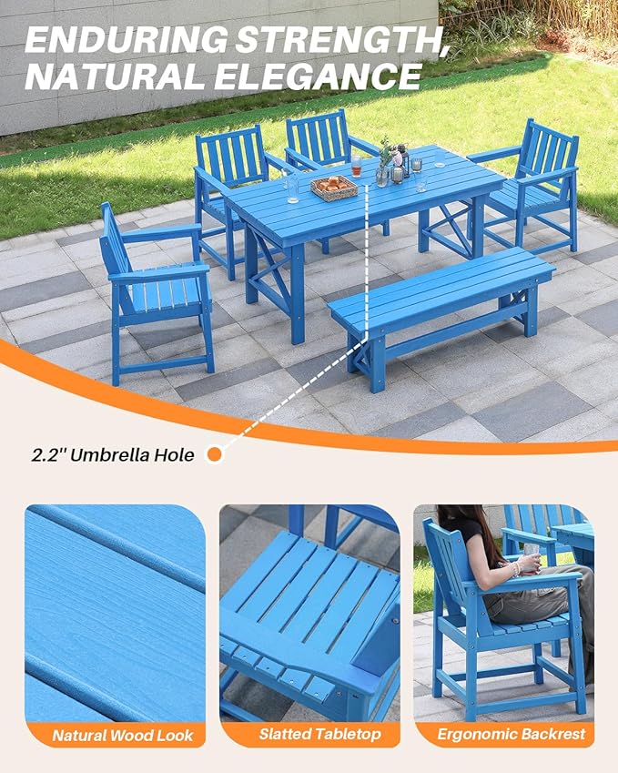 HDPE Outdoor Dining Set of 6, Patio Dining Table Set with 4 Chairs and 1 Bench, 6 Pieces HDPE Dining Set with Umbrella Hole, Outdoor Furniture Sets for Deck, Poolside, Garden, Sky Blue