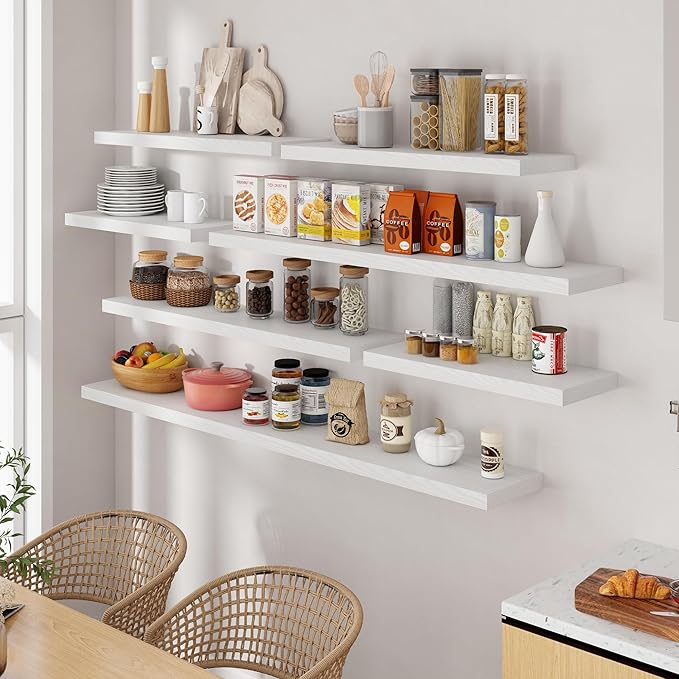 55 Inch Floating Shelves White, Rustic Wood Floating Shelf Wall Mounted, 9 Inch Deep Floating Shelf for Kitchen, Bedroom, 55 x 9 Wall Shelves for Home Storage, Set of 1