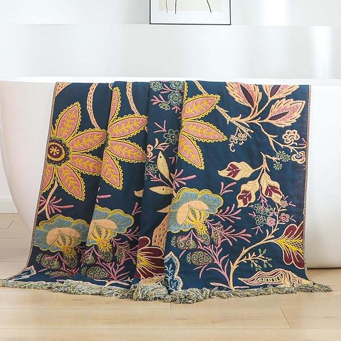 Boho Cotton Throw Blanket - Ultra-Soft Rustic Quilt for Bed, Home Decor & Travel - Large 60"x80" Muslin Blanket - All-Season Lightweight Bedspread & Throw for Women & Moms