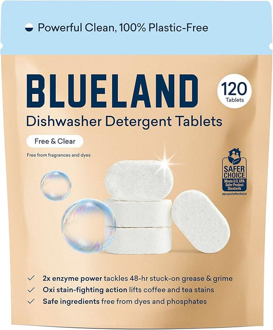 BLUELAND Dishwasher Detergent Tablets, 120 Count, Unscented 100% Plastic-Free Eco Friendly Dishwashing Pods, Natural, Sustainable