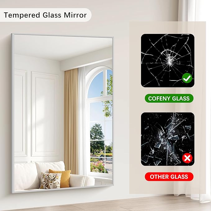 40x60inch Silver Bathroom Mirror, Silver Rectangle Mirror with Frame, Large Rectangular Wall Mirrors for Bathroom, Living Room, Hair Salon, Big Farmhouse Mirror Hang Horizontal/Vertical