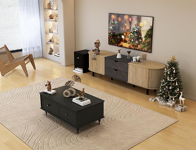 71" Tambour Door TV Stand,Wood Mid Century Modern TV Cabinet for Up to 85“ TV,Curved Edge Long TV Stand with Storage for Bedroom Living Room(Natural, 71inch)