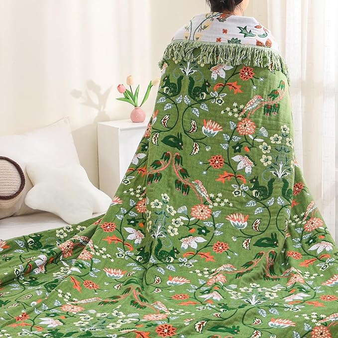 Boho Throw Blanket 80"x90", 100% Cotton Ultra Soft Luxury Throw for Couch and Sofa Blankets Home Decor, All Season Florals and Animals Throw Reversible Breathable Cozy Blankets