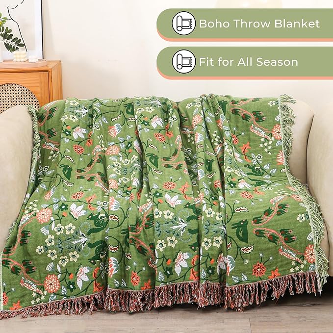Boho Throw Blanket for Bed, 100% Cotton Ultra Soft Rustic Quilt King Blanket Florals and Animals Printed Farmhouse Decor Large Bed Blankets,90"×98" All Season Rustic Throw for Sofa Couch Chair
