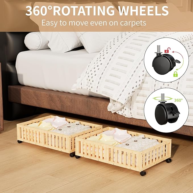 Bamboo Under Bed Storage with Wheels (2-Pack) – Rolling Underbed Shoe Organizer Box for Shoes, Blankets, Toys, Clothes Container Space-Saving Organizer Bins for Bedroom, Closet, Dorm, Nursery