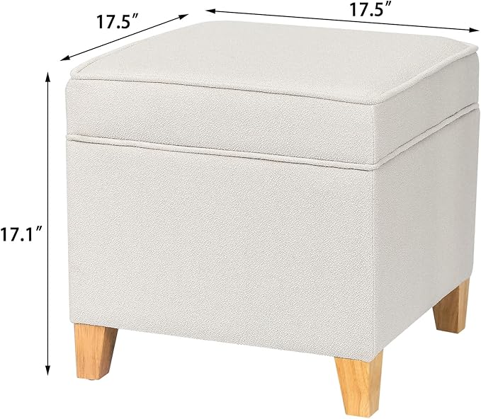 Adeco 17.5" Square Fabric Ottoman with Storage - Upholstered Cotton Linen Foot Rest - Flip Top Footstool with Sturdy Wood Legs, Small Cube Coffee Table Extra Seat for Living Room, Bedroom, White