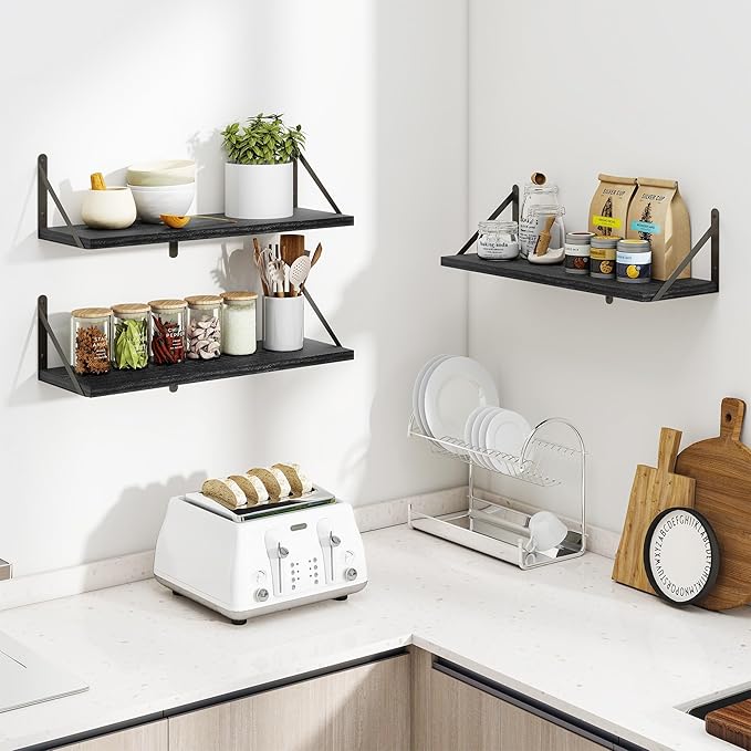 Heimlove 24 Inches Black Floating Shelves,8 Inches Deep Wall Bookshelf Mounted Display&Storage Wood Wall Shelves for Kitchen Bathroom Laundry Living Room,Set of 3