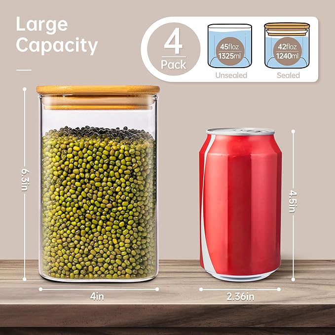 42oz - 4 Pack Square Glass Jars with Bamboo Lids, Glass Food Storage Containers with Airtight Lids for Kitchen, Air Tight Pantry Storage Containers for Cereal, Pasta, Rice, Sugar, Coffee, Spice