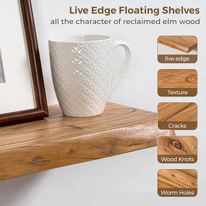 Axeman 72 inch Extra Long Floating Shelves for Wall - 8'' D Live Edge Rustic Solid Elm Wood Floating Shelves Wall Mounted, Wall Shelves with Invisible Bracket for Living Room Bedroom Kitchen, Natural