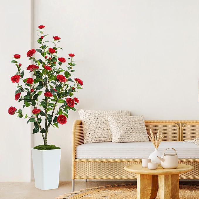 Artificial Camellia Tree 5FT Faux Trees Indoor Fake Floral Plant Blooming Tree with Red Flowers & White Tall Planter, Faux Camellia Plants for Porch Home Room Bedroom Office Front Door Outdoor Decor