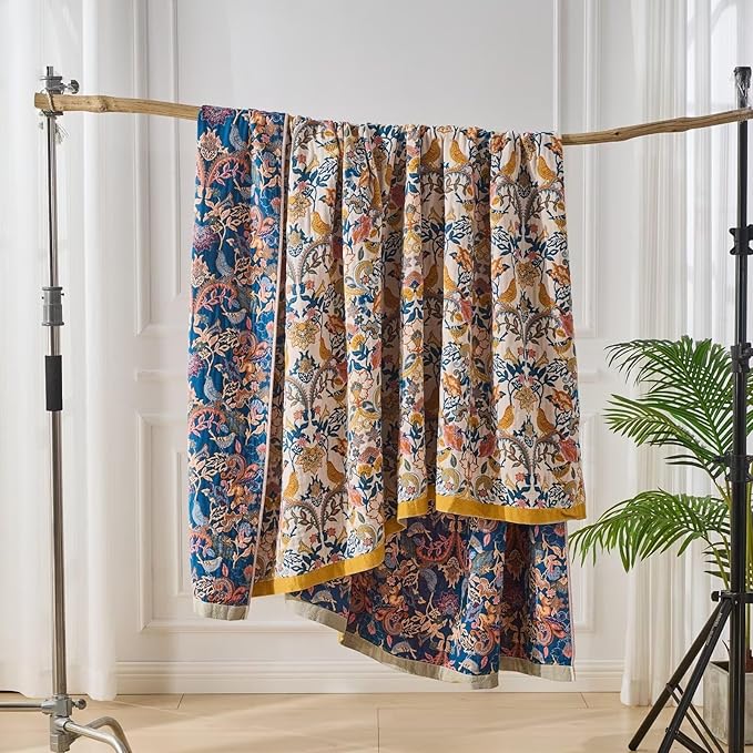 Boho Throw Blanket for Bed Couch 100% Cotton Woven Bed Throws for Summer, Lightweight and Soft Cozy Farmhouse Reversible Muslin Decorative Blanket for Travel Picnic, Teal/Cream, 80"x90"