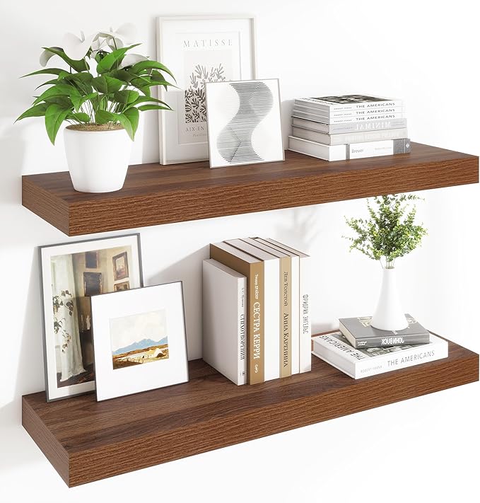 Heimlove 12 Inch Deep Floating Shelves, 48 x 12 inches Long Wall Shelf, Large Display Shelf & Storage Shelf, Rustic Wood Wall Shelves for Fireplace Mantel, Set of 2(Walnut)