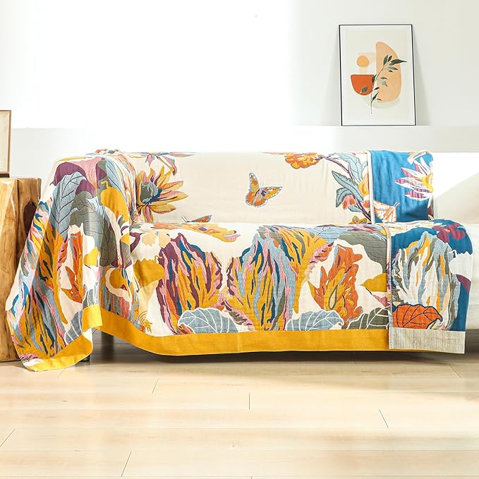 Boho Large Throw Blanket 90" x 98",100% Cotton Soft Sofa Bed Throw-Floral Butterfly Decor Blanket Reversible Bohemian Luxury Throw for Couch Sofa Chair Travel
