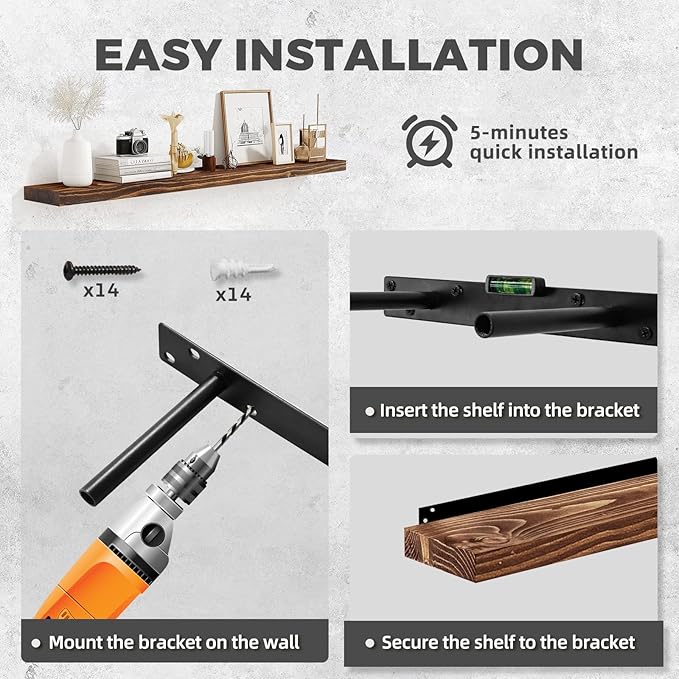 36"x6.8"x1.2" Solid Wood Floating Shelves 2-Pack - Rustic Brown Finish with Hidden Brackets, Perfect for Storage and Décor in Living Room, Kitchen, Bedroom