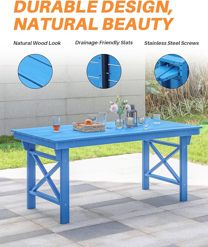 HDPE Outdoor Dining Table, 66.9” Rectangle Patio Dining Table for 6, All-Weather HDPE Outdoor Table with 2.2” Umbrella Hole, HDPE Patio Furniture for Deck, Backyard, Garden, Pool, Sky Blue
