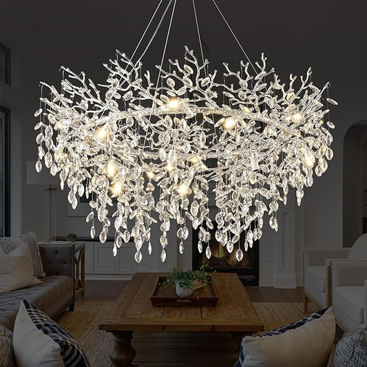 14-Light Modern Living Room Crystal Chandeliers,48" Round Silver Tree Branche Chandelier,Silver K9 Crystal Chandeliers for Dining Room,High Ceiling,Entryway、Foyer
