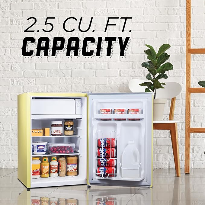 2.5 Cu. Ft. Compact Refrigerator, ENERGY STAR Certified Small Refrigerator, Single Door Mini Fridge with Freezer, R600a Refrigerant, IBCR25SUN , Sun Yellow
