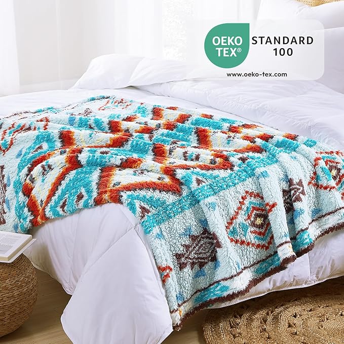 CASAAGUSTO Boho Sherpa Throw Blanket, Aztec Queen Blanket, Ultra Soft, Warm, Cozy, Plush, Thick Fleece Bohemian Throw Blanket for Couch, Bed, Sofa (Aqua 90 * 90 Inch)