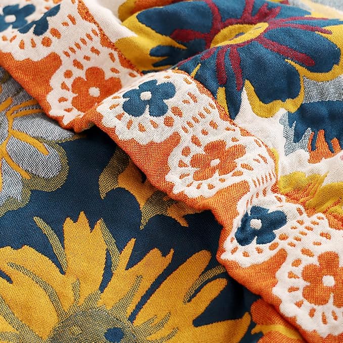 Boho Muslin Blanket for Adults 4-Layer Gauze 80 x 90 Inches Soft Cozy 100% Cotton Summer Cooling Blanket Floral Decor for Sofa Bed Coverlet Both Sides (Daisy Floral, 80 x 90 in)