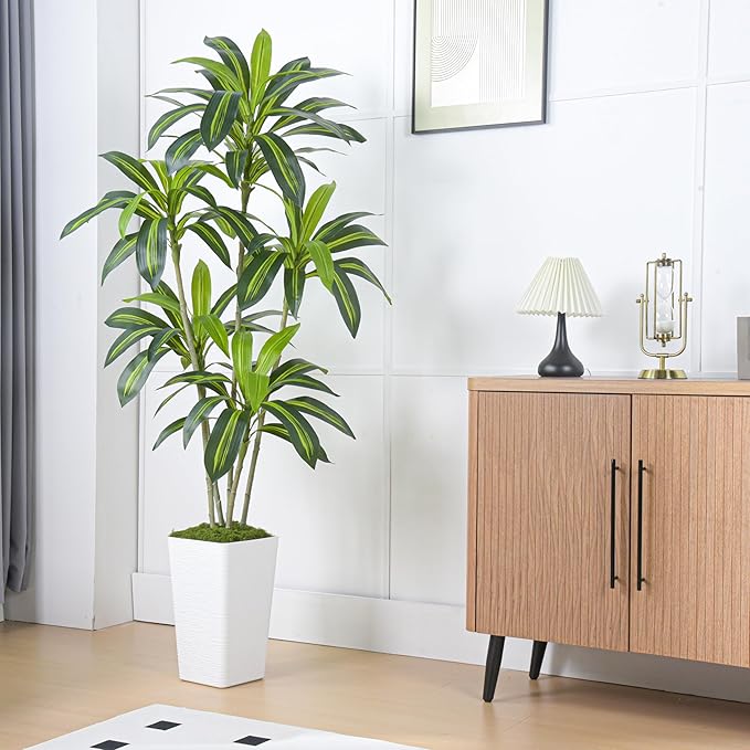 Artificial Dracaena Tree Artificial Silk Tree Faux Tree Fake Tropical Yucca Floor Plant with White Tall Planter (1, White Tall Planter, 6FT)
