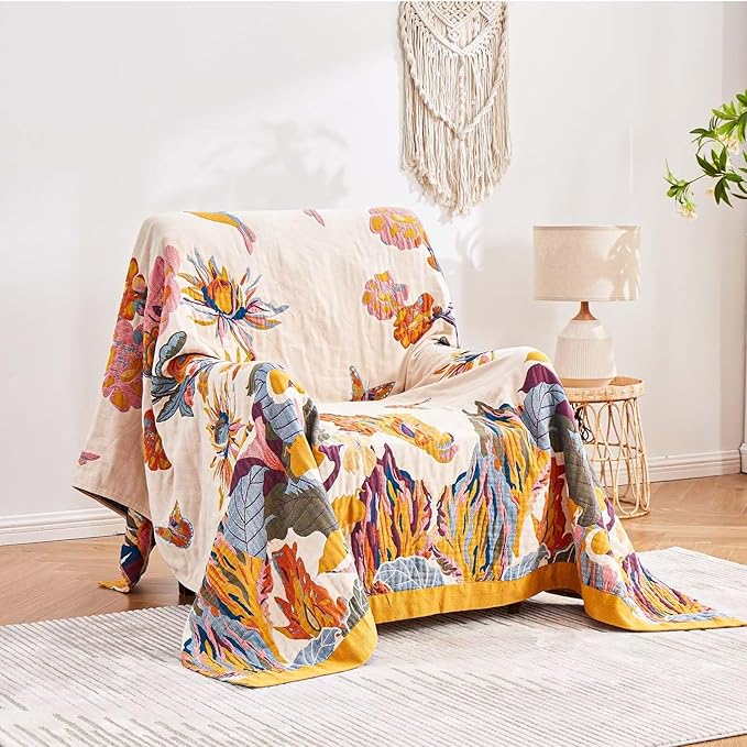 Boho Throw Blanket, 100% Cotton Ultra Soft Luxury Throw Rustic Quilt, 90"x98" Floral Bird Butterfly Farmhouse Decor Bed Blankets, All Season Rustic Reversible Bohemian Throw for Bed - Yellow