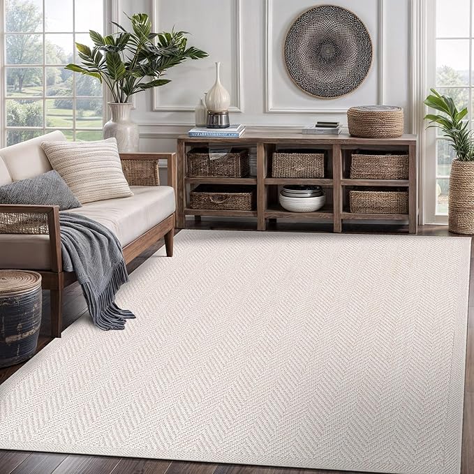 CAMILSON Easy Jute Rug 9x12, Indoor Outdoor Off-White Color Fiber Area Rugs for Living Room and Patio Rug Herringbone Seagrass Boho Woven Design Easy-Cleaning Washable Outside Carpet Alfombras 9 x 12
