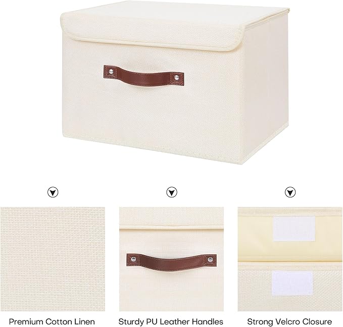 ANMINY Storage Bin with Lid Storage Boxes with PU Leather Handles PP Plastic Board Decorative Foldable Lidded Cotton Linen Fabric Home Cubes Baskets Closet Organizer Container - Beige, Large Size