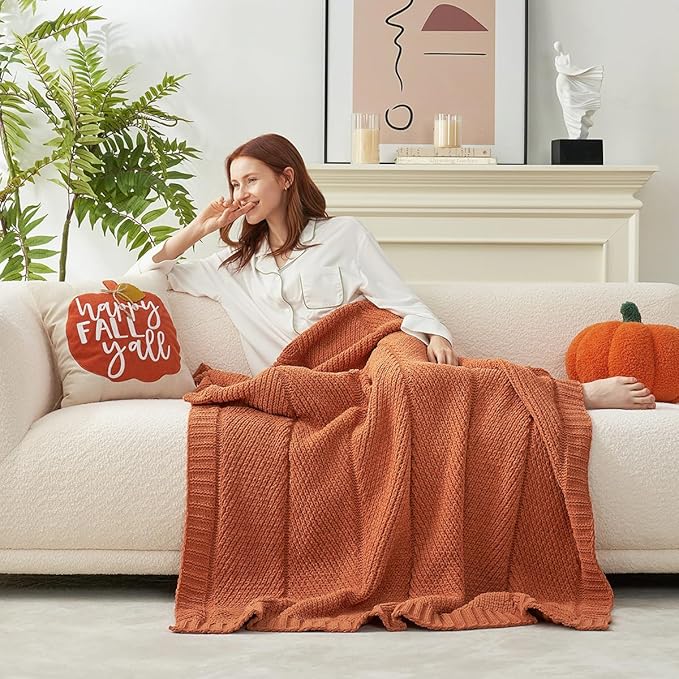 Amélie Home Chenille Knit Throw Blanket for Couch, Chevron Texture Decorative Soft Blanket for Sofa, Bed & Chair, 50"x60", Burnt Orange