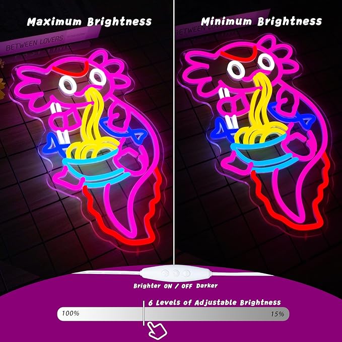 Axolotl Ramen Neon Sign for Wall Decor Dimmable Axolotl Eating Noodles LED Neon Light Cut Japanese Neon Sign Anime Neon Signs for Japan Restaurant, Home Wall Art and Kitchen Decor(15.7 * 9.7inch)