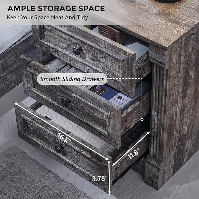 26" Tall Farmhouse Nightstand Set of 2, 3 Drawers End Table w/Charging Station, 23.6" Wide Large Side Table w/Roman Column, Wood Rustic Sofa Table for Bedroom, Light Gray