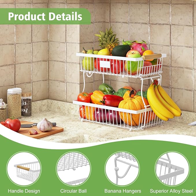 2 Tier Fruit Basket for Kitchen Counter with 2 Banana Hangers, Countertop Metal Fruit Bowl with Wooden Handle, Large Storage Stand for Vegetables, Snacks, Breads, Produce Storage – White