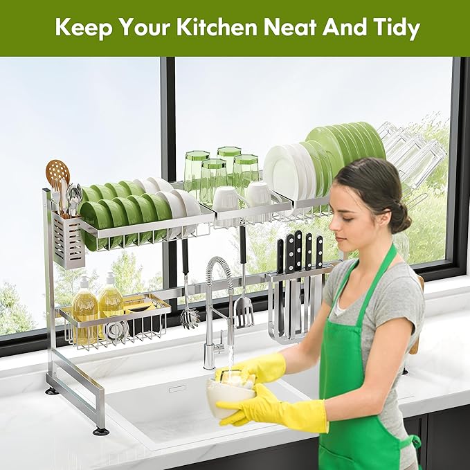 2 Tier Extra Large Stainless Steel Expandable Over The Sink Dish Drainer Drying Rack, Rust Proof Metal, Space Saving, Modern Silver Big Capacity Extendable Plate Strainers Above Kitchen Counter