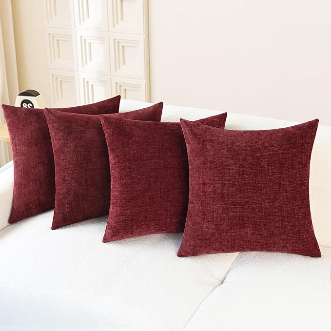 CaliTime Throw Pillow Covers Decorative 18 X 18 Inches Pack of 4 Cozy Chenille Cushion Cases for Couch Sofa Bed Living Room Home Burgundy