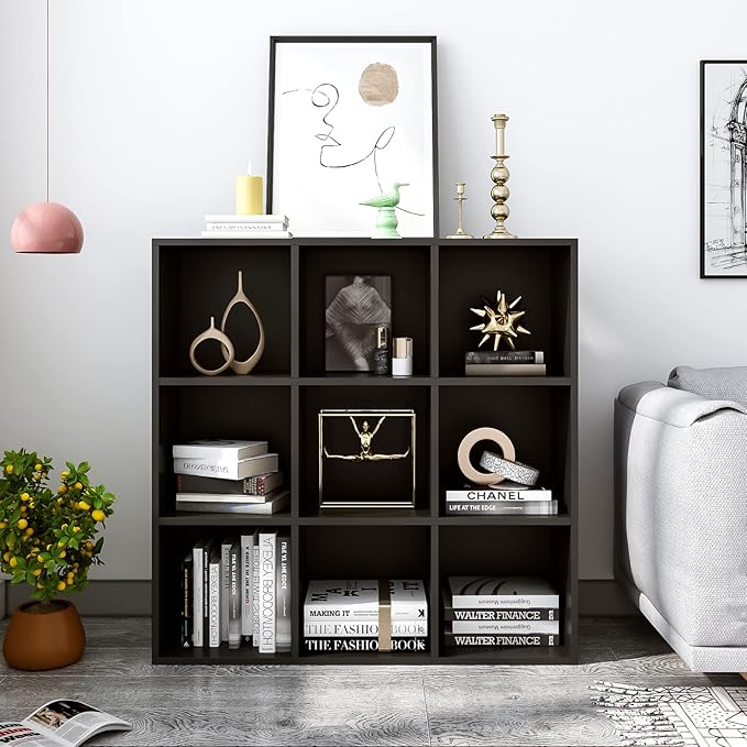 9-Cube Storage Shelf Bookcase - Wooden 3-Tier Free Standing Open Bookshelf for Home and Office, Organizer Cabinet in Black