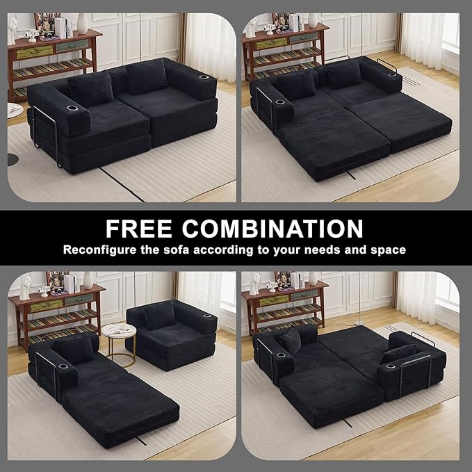 78" W Loveseat Sofa, 4 in 1 Convertible Floor Sofa Bed, Boneless Cloud Couch with Cup Holder, Fold Out Floor Couch, Loveseat Recliner Sleeper for Living Room Bedroom Lounge(Corduroy, White)