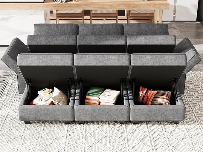 Belffin Terry Fabric Modular Sectional Sleeper Sofa Bed with Storage Convertible Sectional Couches for Living Room 6 Seaters Dark Grey Modular Sofa