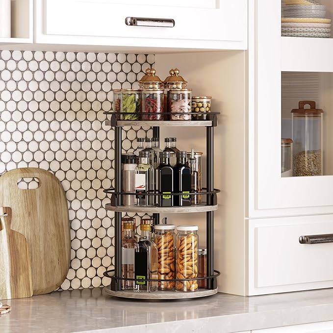 3-Tier Lazy Susan Organizer, Rotating Spice Rack, Spinning Organizer, Industrial Turntable Spice Rack Organizer for Cabinet, Kitchen Countertop, Greige and Black SR23BG