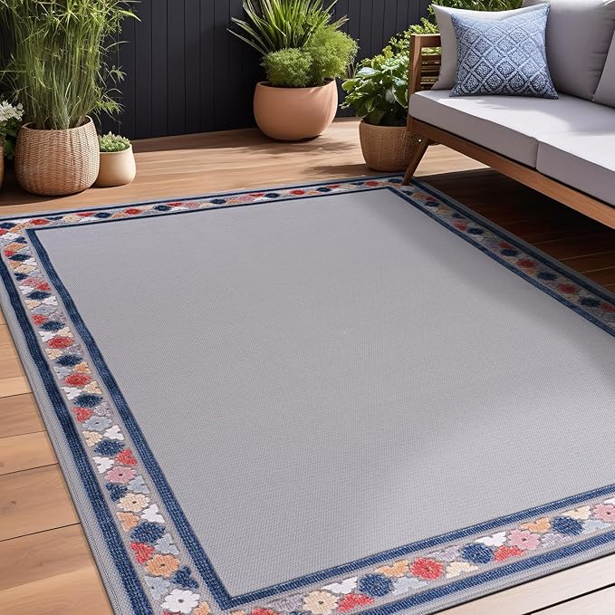 Beverly Rug Outdoor Rug 4x6 Modern Bordered Area Rugs for Indoor and Outdoor Patio Easy to Clean Non Shedding Living Room Porch Garden Washable Outside Carpet (4 x 6 Gray)