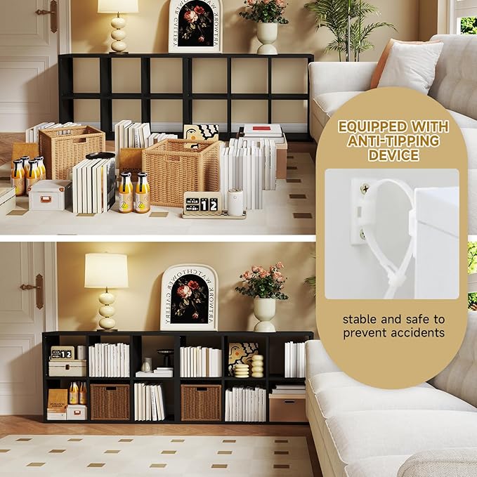 6 Cube Storage Organizer, Black Bookshelf with Storage, 2 Tier Storage Cubes, Freestanding Storage Organizer with Shelves for Living Room, Study