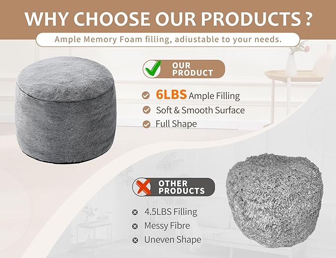 Boho Ottoman Living Room Furniture 20"x15" Large Round Ottomans Pouf Couch Foot Rest Grey Pouf Ottoman Foot Rest with Foam Chunk Filling Pouffe Ottomans Stuffed Foot Rest Poufs for Couch