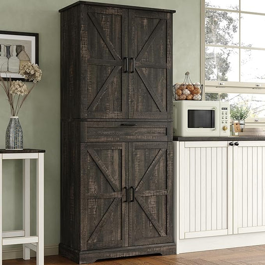 72'' Kitchen Storage Pantry Cabinet, Tall Storage Cabinet with 8 Door Shelves, 2 Cabinets and 1 Drawer, Freestanding Cupboard for Kitchen, Dining Room, Bathroom, Laundry, Living Room, Dark Rustic Oak