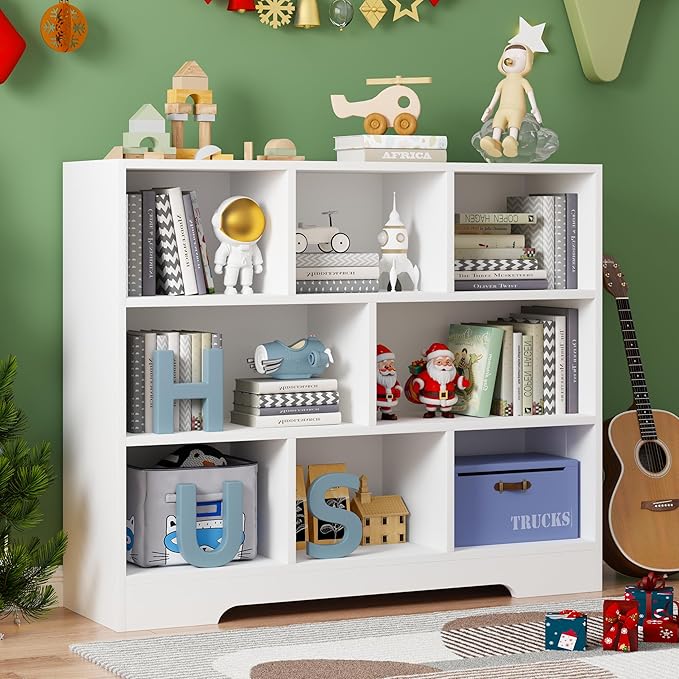 Book Shelf, 8 Cubes Storage Organizer, 3-Tier Open Shelf Wooden Bookcase, Freestanding White Bookshelf Cube Shelf for Bedroom, Living Room, Home Office